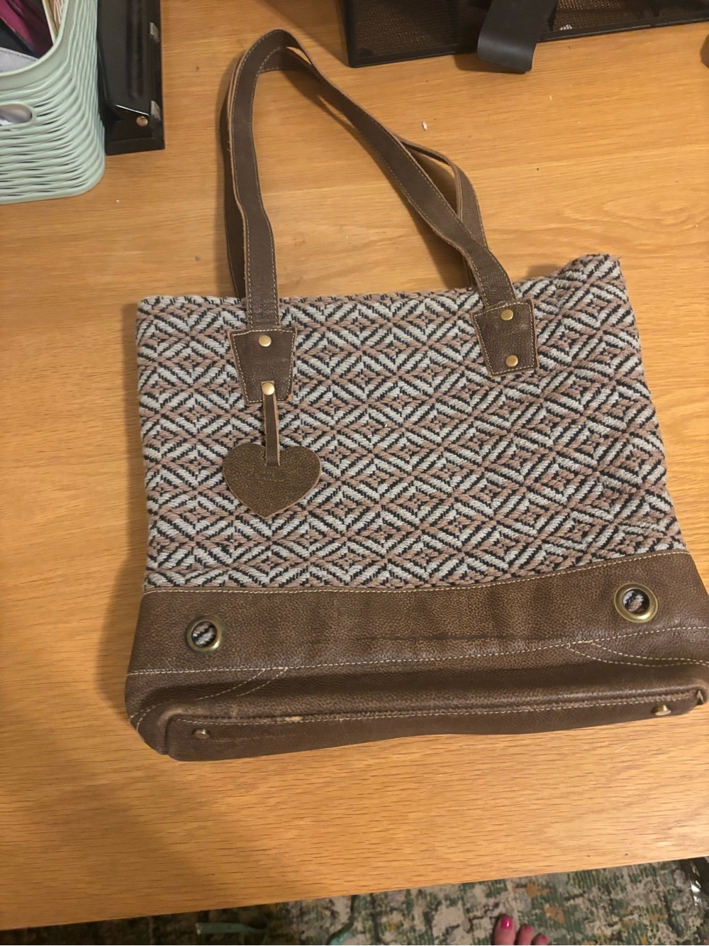 Brown Geometric Pattern Tote with Heart Charm
